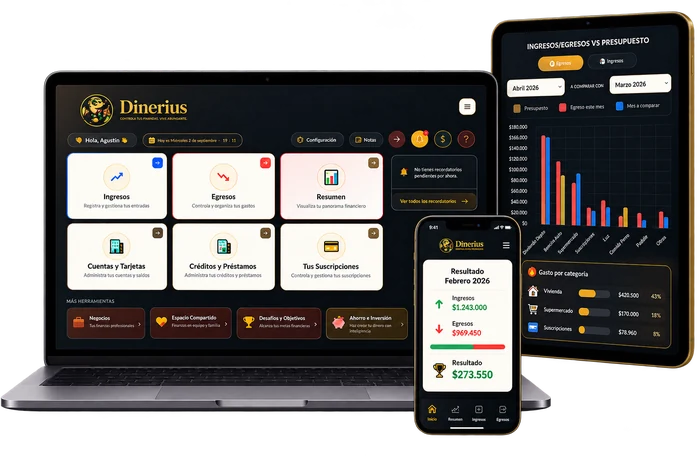 Dinerius en laptop, tablet y celular, mostrando el dashboard, ingresos vs presupuesto y el resumen mensual