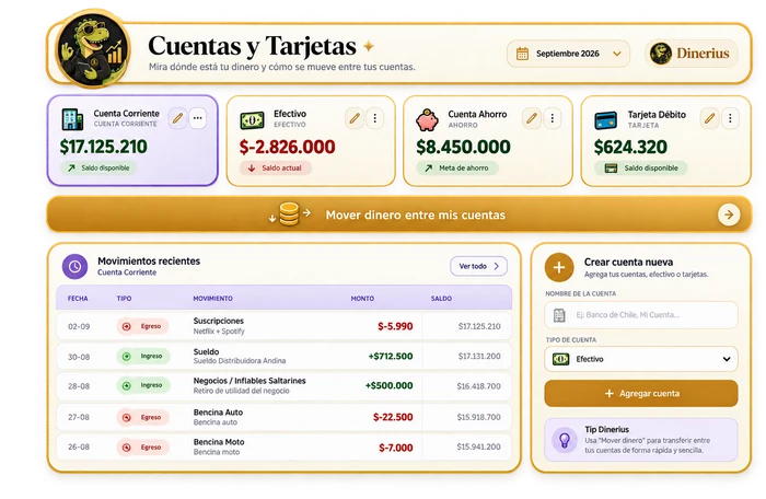 Pantalla de Cuentas y Tarjetas en Dinerius, mostrando el saldo de cuenta corriente, efectivo, ahorro y tarjeta de débito, y los movimientos recientes