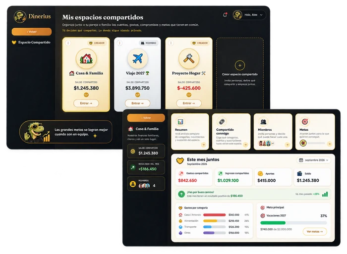 Pantalla de Espacio Compartido de Dinerius mostrando espacios en común, resumen del mes, gastos por categoría y meta principal