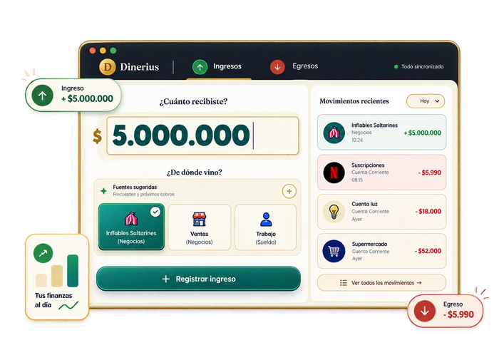 Pantalla de registro de ingresos y egresos de Dinerius, con movimientos recientes
