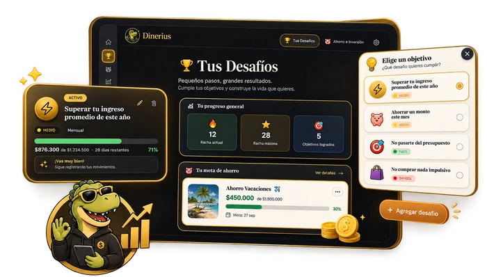 Pantalla de Desafíos y Objetivos de Dinerius mostrando un desafío activo, progreso general, racha y meta de ahorro para vacaciones