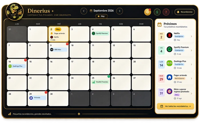 Calendario de Recordatorios de Dinerius mostrando pagos y suscripciones próximas, con panel de próximos recordatorios