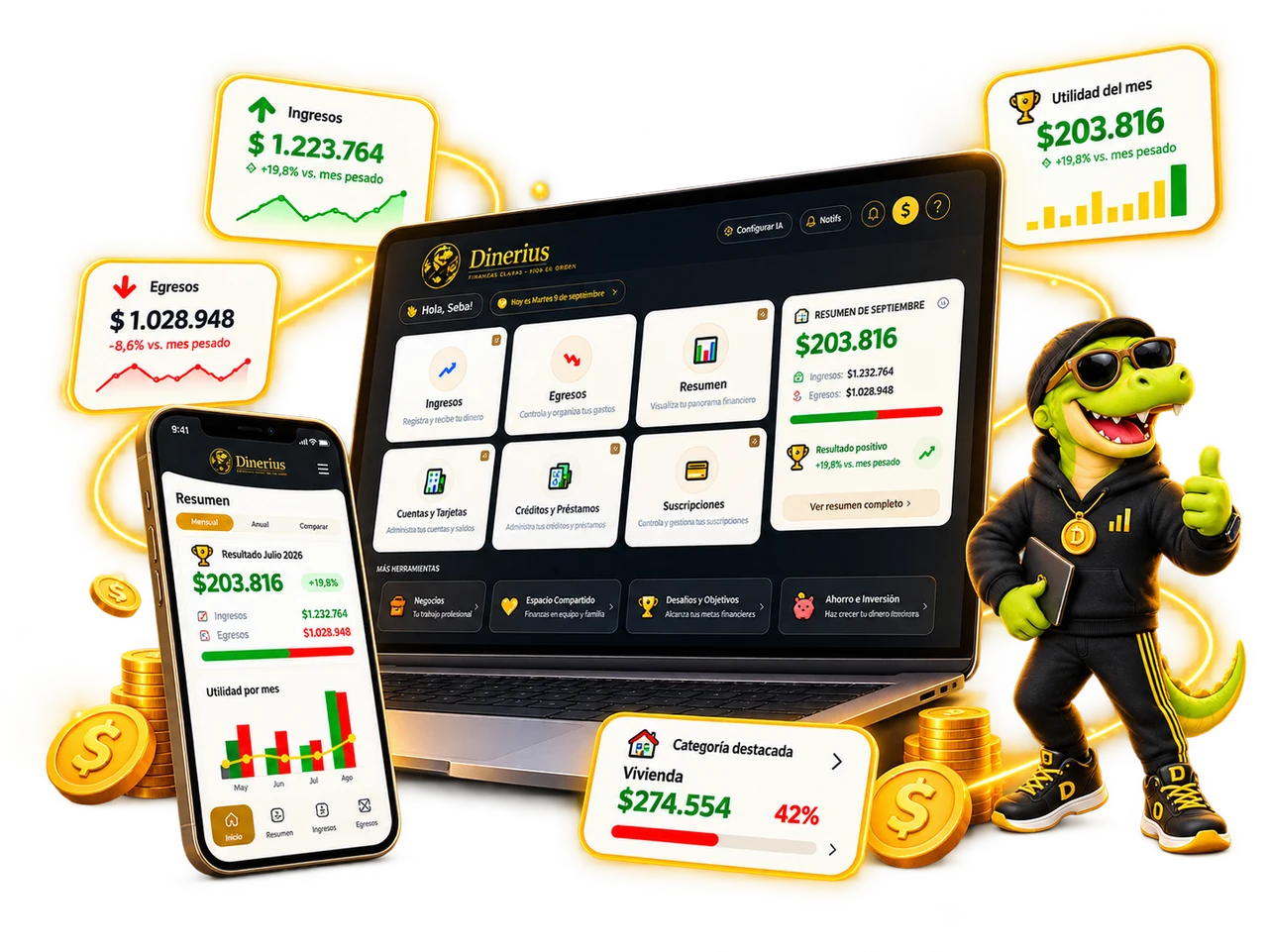 Dashboard de Dinerius en laptop y celular, con tarjetas de ingresos, egresos, utilidad del mes y categoría destacada, acompañado de la mascota Dinerius